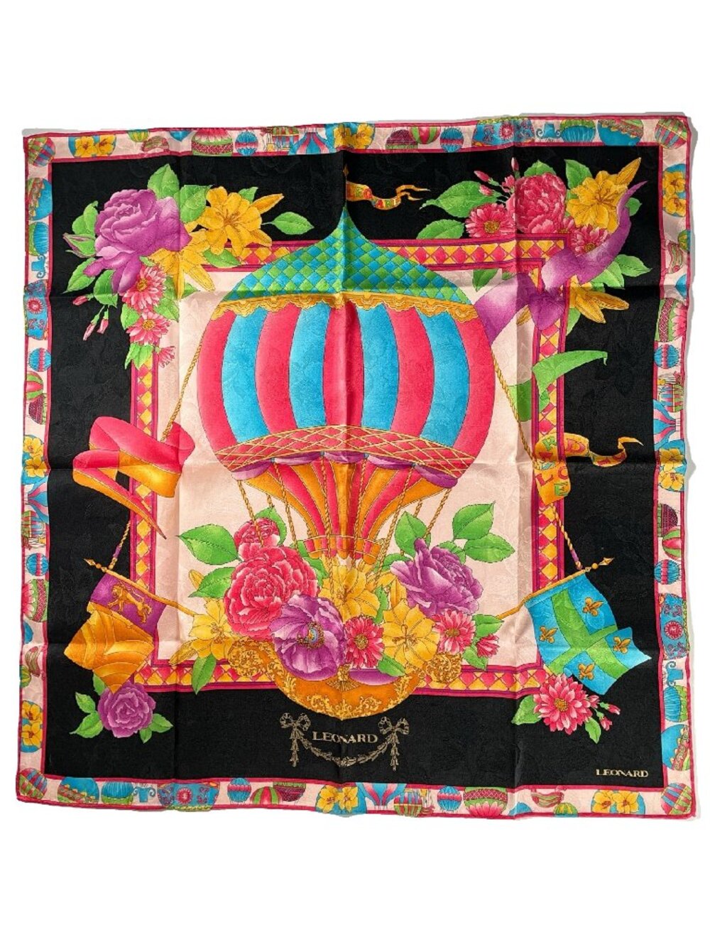 Leonard Vintage Silk Scarf – Floral Hot Air Balloon Motif